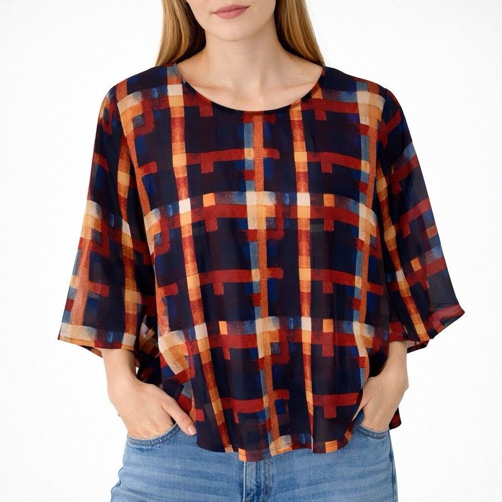 One World Women's Abstract Plaid Chiffon 3/4 Length Sleeve Blouse petite Medium